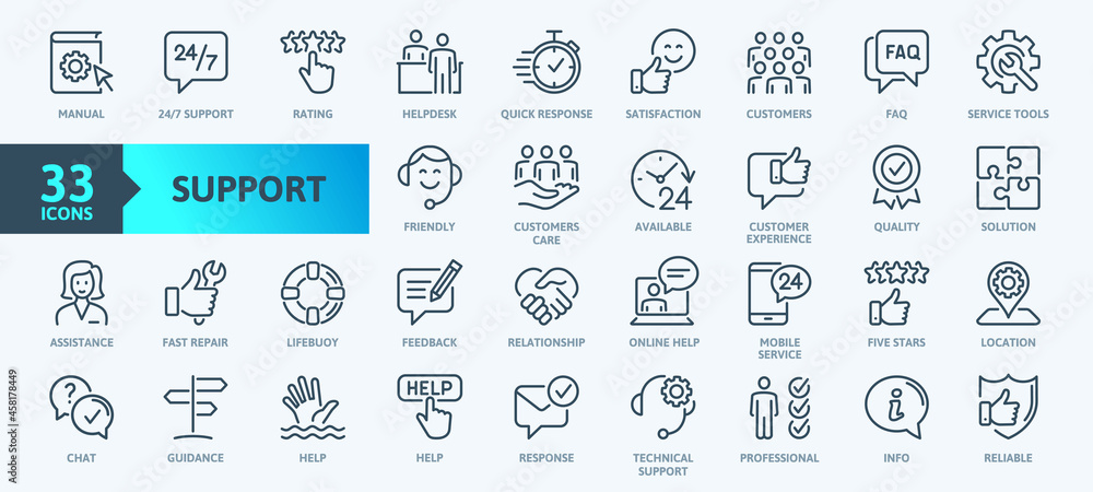 Customer Service and Support - Outline Icon Collection. Thin Line Set contains such Icons as Online Help, Helpdesk, Quick Response, Feedback and more. Simple web icons set. - obrazy, fototapety, plakaty 
