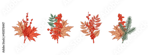 Set of autumn design elements. Hand drawn vector illustration