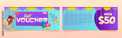 Gift voucher for candy store, shopping certificate for buying sweets, lollipops and chocolate. Special coupon or promo card template for confectionery or cafe, Vector mockup with fifty dollars value