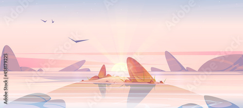 Sunrise in ocean, pink sky with shining sun go up at sea shallow with rocks sticking up of calm water. Beautiful rocky view, nature landscape background, early morning. Cartoon vector illustration