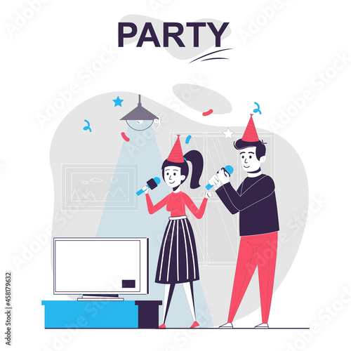 Party isolated cartoon concept. Man and woman celebrate holiday  sing karaoke and have fun  people scene in flat design. Vector illustration for blogging  website  mobile app  promotional materials.