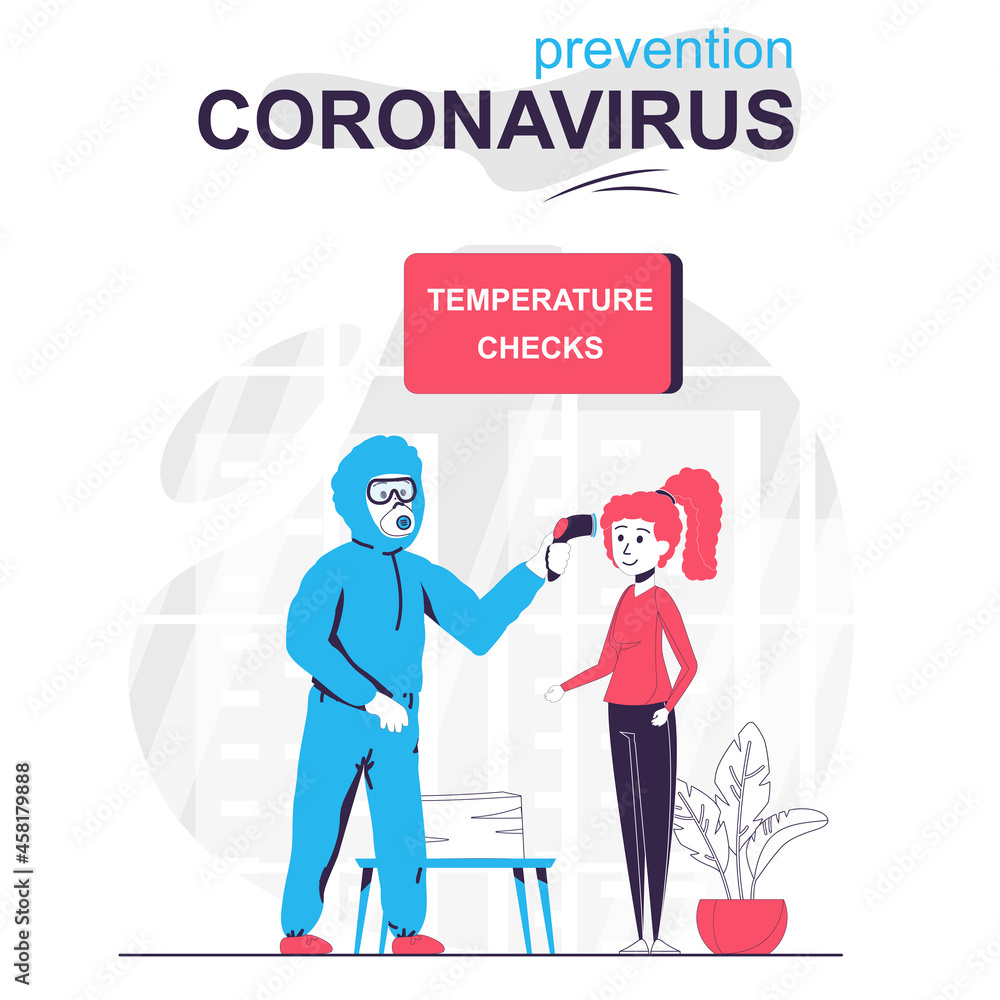 Prevention coronavirus isolated cartoon concept. Medic in suit checks woman temperature, people scene in flat design. Vector illustration for blogging, website, mobile app, mobile site.