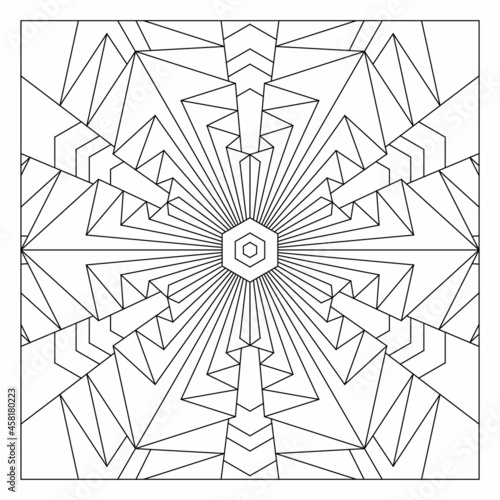 Easy coloring pages for seniors and for adults. Tile pattern design. Composition of 12 fold rotational symmetry of paper folds drawing in tile square form. EPS8 file. #313