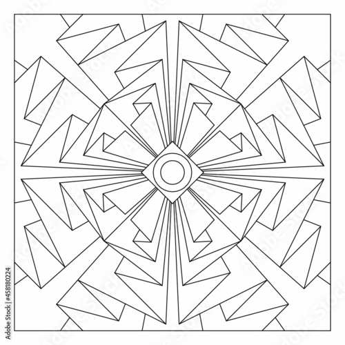 Easy coloring pages for seniors and for adults. Tile pattern design. Composition of 8 fold rotational symmetry of paper folds drawing in tile square form. EPS8 file. #312