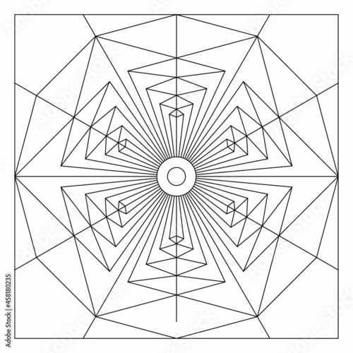 Easy coloring pages for seniors and for adults. Tile pattern design. Composition of 12 fold rotational symmetry of paper folds drawing in tile square form. EPS8 file. #311