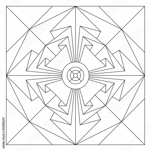 Easy coloring pages for seniors and for adults. Tile pattern design. Composition of 8 fold rotational symmetry of paper folds drawing in tile square form. EPS8 file. #310