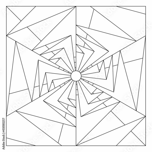 Easy coloring pages for seniors and for adults. Tile pattern design. Composition of 6 fold rotational symmetry of paper folds drawing in tile square form. EPS8 file. #309