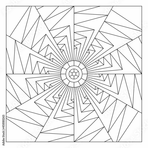 Easy coloring pages for seniors and for adults. Tile pattern design. Composition of 12 fold rotational symmetry of paper folds drawing in tile square form. EPS8 file. #308