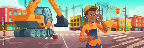 Construction works in city, worker and architect with plan on site with excavator and building cranes on street road with zebra. Engineering architecture project in town, Cartoon vector illustration