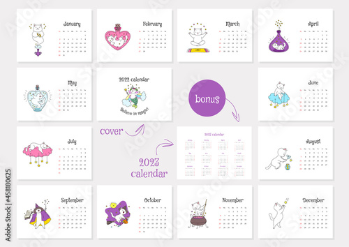 Believe in magic! Calendar 2022 template. Monthly calendar 2022 with cute white magic cats. Bonus - 2023 calendar. Vector illustration 10 EPS. photo