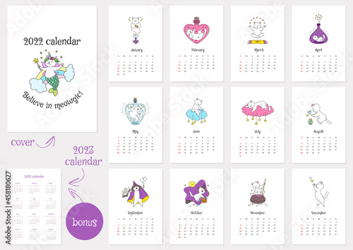 Believe in meowgic  Calendar 2022 template. Monthly calendar 2022 with cute white magic cats. Bonus - 2023 calendar. Vector illustration 10 EPS.