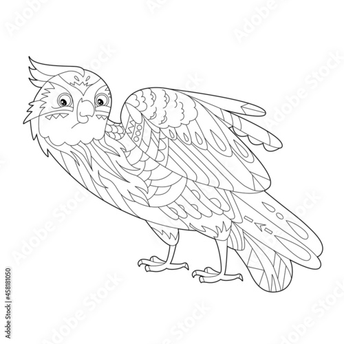 Contour linear illustration for coloring book with decorative falkon. Beautiful predatory  bird,  anti stress picture. Line art design for adult or kids  in zen-tangle style, tatoo and coloring page.