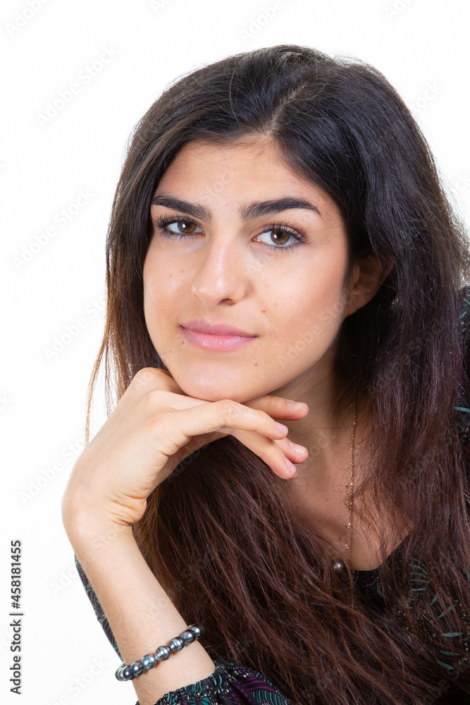 Pretty girl with long black hair brunette woman hand on chin Pretty girl with long black hair brunette woman hand on chin