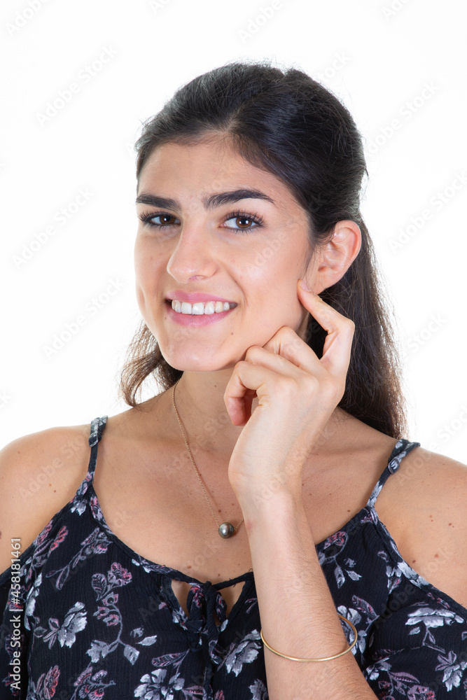 cheerful pretty woman brunette fingers hand on chin portrait in white background beauty concept cheerful pretty woman brunette fingers hand on chin portrait in white background beauty concept