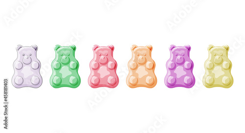 Multi-colored Gummies.Various jelly bears set on a white isolated background. Sweet candies. Cartoon vector illustration of vitamins.