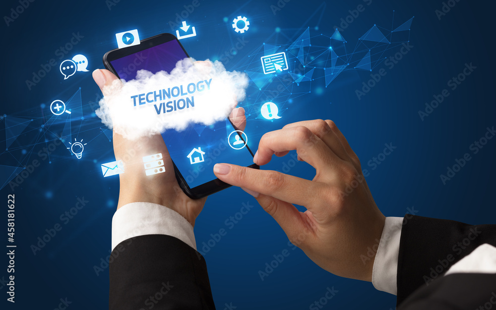 Hand using smartphone with cloud technology concept Hand using smartphone with cloud technology concept
