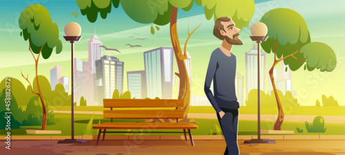 Man walk in city park enjoy nature, relaxed male character breath fresh air during unhurried promenade at summer urban garden with bench, city lamps and cityscape view Cartoon vector illustration