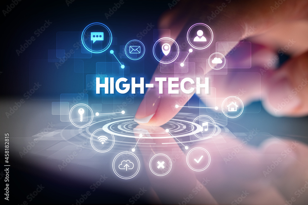 Finger touching tablet with web technology icons concept Finger touching tablet with web technology icons concept