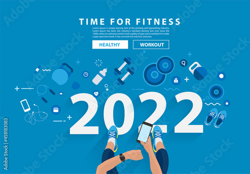 Happy new year 2022 time for fitness in gym healthy lifestyle ideas concept design, Vector illustration modern layout template