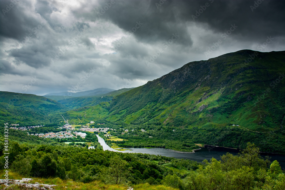 Along the West Highland Way. A view of Kinlochleven in the rain from the hiking trail