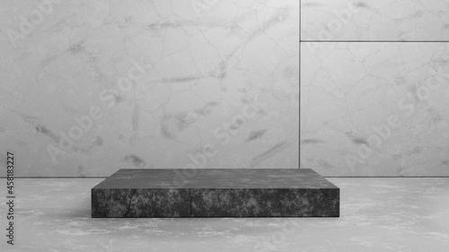 3D rendering concrete pedestal podium on grey background for presentation mockup template.Geometry exhibition stage mockup concept illustration.