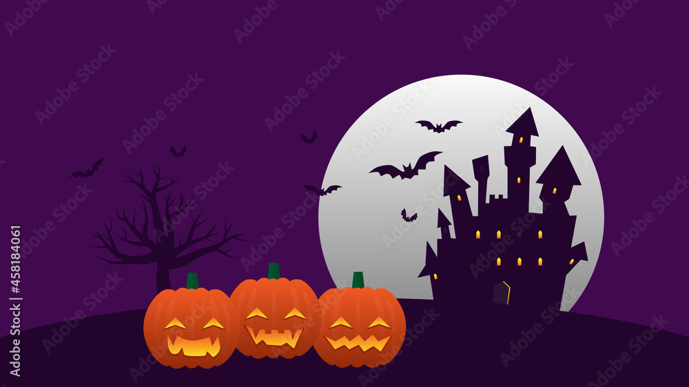 happy Halloween holiday party background. funny pumpkin and haunted castle with full moon and tree on hill cartoon flat style with copy space