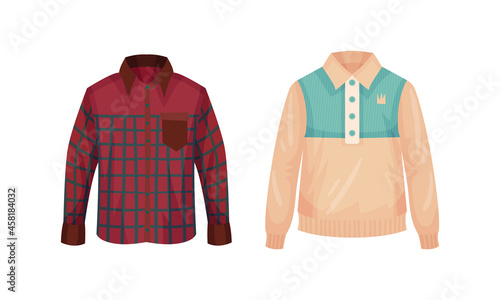 Casual outfit for men set. Stylish fashionable jacket and plaid shirt vector illustration