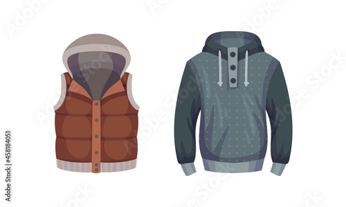 Casual outfit for men set. Stylish fashionable puffer vest and hoodie vector illustration