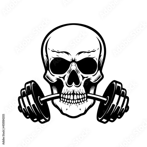 Skull with barbell in teeth. Vector illustration