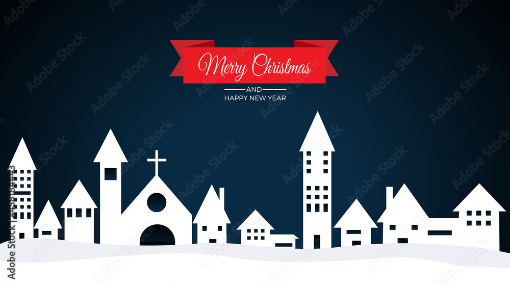 Night skyline of a mountain town with snow. A church and houses in silhouette. Christmas background, vector illustration for card and greeting