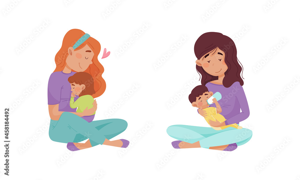 Mom hugging toddler baby set. Happy mothers sitting on floor and feeding their little kids cartoon vector illustration Mom hugging toddler baby set. Happy mothers sitting on floor and feeding their little kids cartoon vector illustration