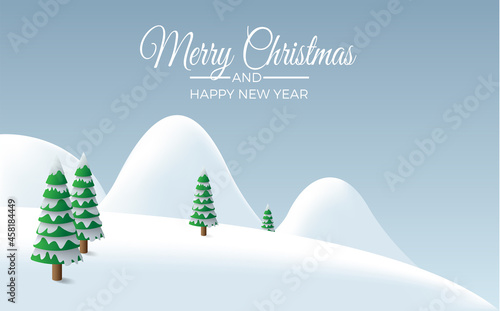 Winter landscape background, rounded mountains with fir trees under snowfall. Vector illustration for Christmas with copy space. Card and greeting