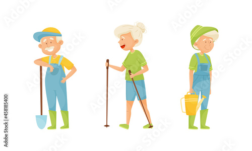 Set of elderly people enjoying various hobbies. Senior men and women gardening, doing nordic walking vector illustration
