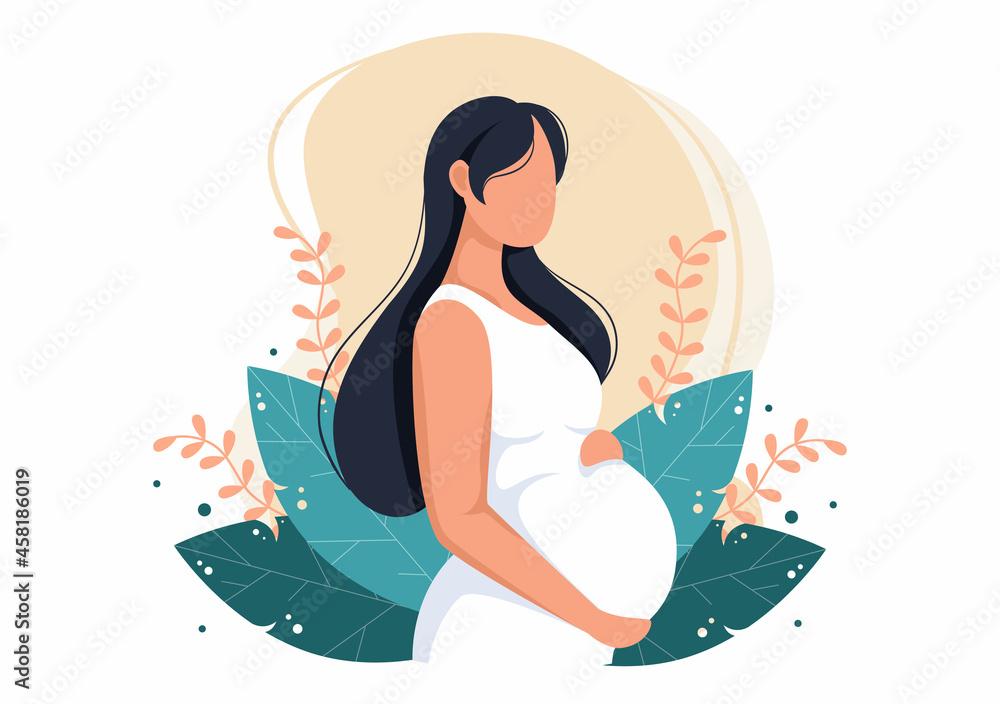 Obraz premium Pregnant Lady with Hugs her Belly or Mother Waiting for the Baby in Flat Cartoon Design Style Background of Leaves Vector Illustration