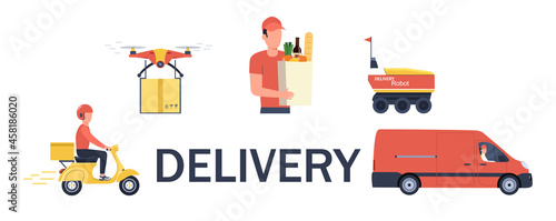 Delivery service concept with different vehicles, people and drones. Vector illustration.