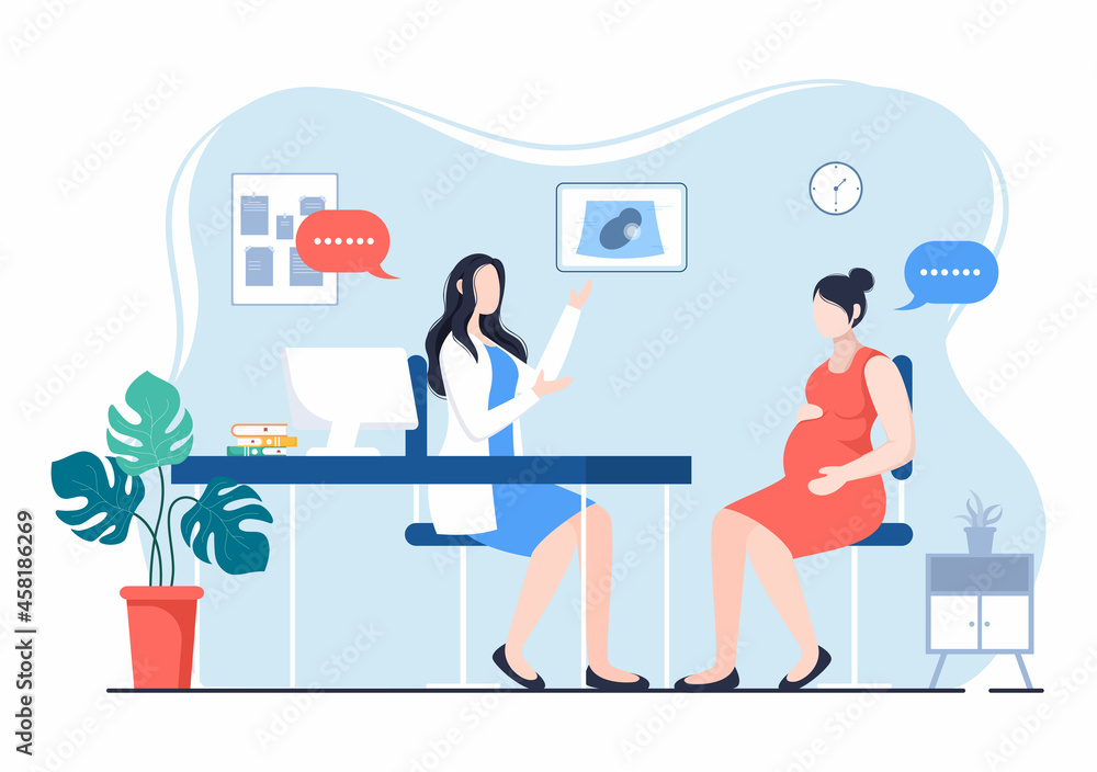 Pregnant Lady or Mother in Medical Consultation by Pregnancy Doctor with Obstetric Procedures for Scanner and Monitoring Baby Growth. Background Vector Illustration Pregnant Lady or Mother in Medical Consultation by Pregnancy Doctor with Obstetric Procedures for Scanner and Monitoring Baby Growth. Background Vector Illustration