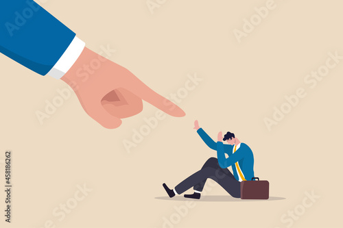 Fear of failure, loser afraid of business mistake, anxiety or stressed from work pressure, scared or challenge concept, depressed panic businessman fear of giant pointing finger blame him for mistake.
