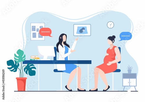 Pregnant Lady or Mother in Medical Consultation by Pregnancy Doctor with Obstetric Procedures for Scanner and Monitoring Baby Growth. Background Vector Illustration
