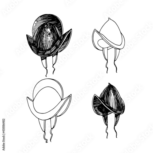 the helmet of the conquistadors, the armor of the Spanish knights of the era of the conquest of America, vector illustration with black ink lines isolated on a white background in a hand drawn style photo