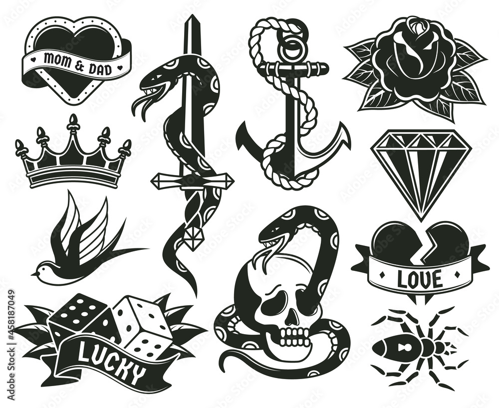 Old school tattoo symbols, heart, knife, knot, roses. Retro