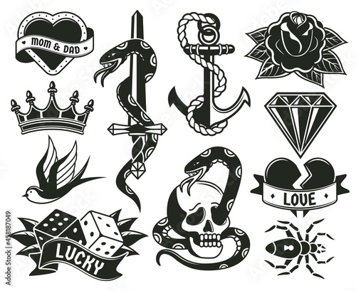 Old school tattoo symbols, heart, knife, knot, roses. Retro tattooing elements snake, crown and dice symbols vector illustration set. Vintage engraving tattoos