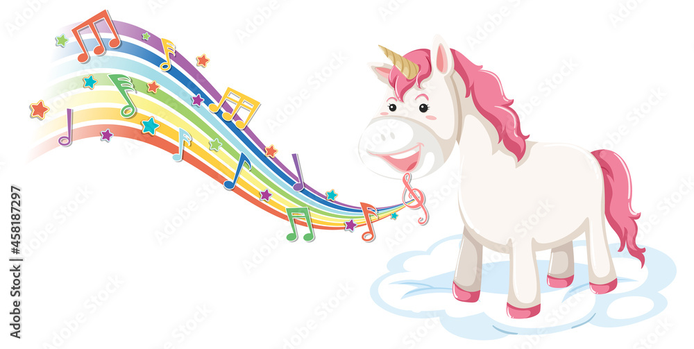 Naklejka premium Cute unicorn standing on the cloud with melody symbols on rainbow