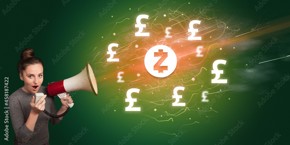 Young person with megaphone and currency icon Young person with megaphone and currency icon