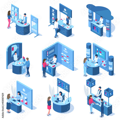 Isometric 3d exhibition demonstration promo stands workers and visitors. Promotional stands, trade panels vector illustration set. Expo center demonstration stands