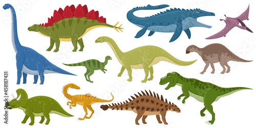 Fototapeta Naklejka Na Ścianę i Meble -  Cartoon dinosaurs, ankylosaurus, brontosaurus, stegosaurus extinct raptors. Pterodactyl and tyrannosaurus jurassic reptiles vector illustration set. Jurassic extinct monsters