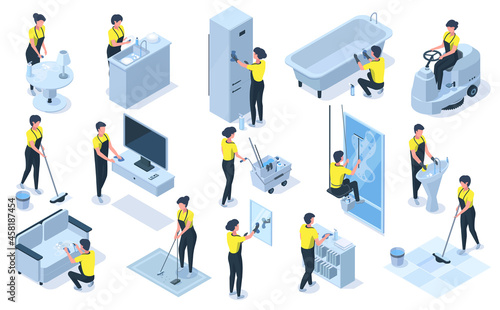 House cleaning team isometric professional characters. Detergents, cleaning equipment, vacuuming, wiping furniture vector illustration. Cleaning workers at work