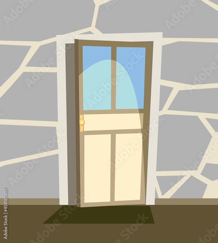 Open up door. Simple and flat style. Inside view from the room of the house. Stone wall. Cartoon cute fairy tale design. Image background. Vector