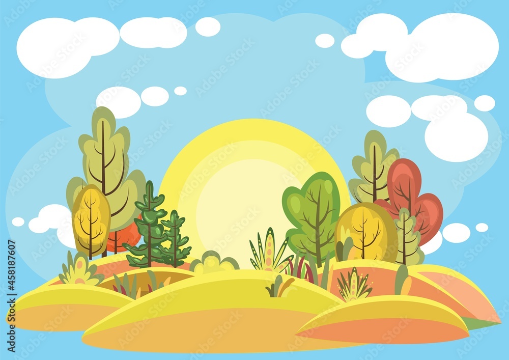 Flat autumn forest. Beautiful landscape with trees. Sky. Illustration in a simple symbolic style. A funny scene. Comic cartoon design. Country wild plants. Vector