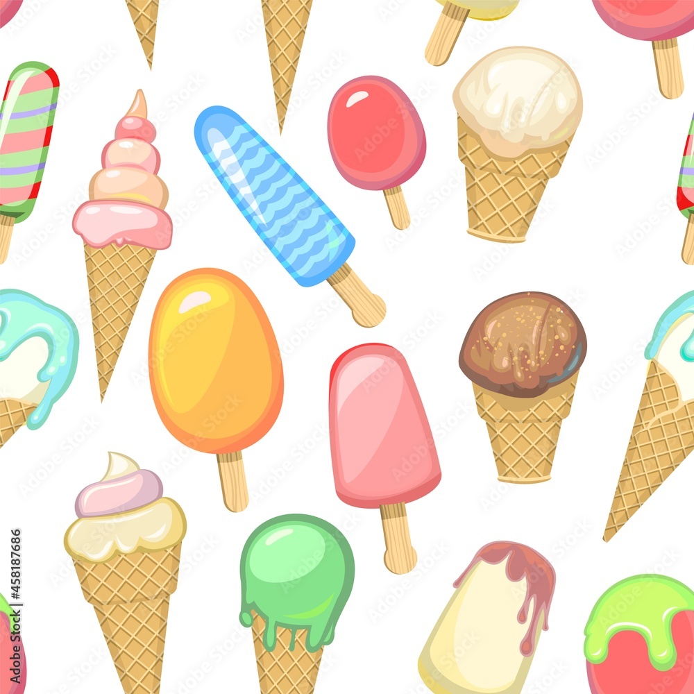 multicolored Ice cream pattern seamless. Background illustration. Wallpaper print. In waffle glasses and cones. Popsicle on sticks. Summer food sweet dessert. Flat design. Vector. multicolored Ice cream pattern seamless. Background illustration. Wallpaper print. In waffle glasses and cones. Popsicle on sticks. Summer food sweet dessert. Flat design. Vector.