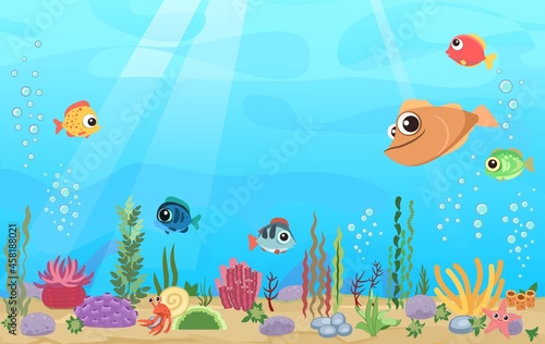 Bottom of reservoir with funny fish. Blue water. Sea ocean. Underwater landscape with animals. plants, algae and corals. Illustration in cartoon style. Flat design. Vector art